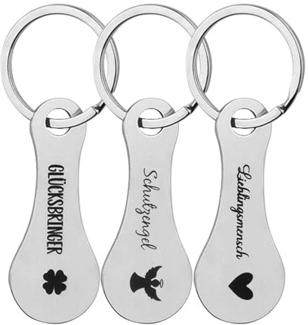 Lot de 3 jetons de chariot personnalisés, jeton de caddie en métal, jeton de courses, porte-clés détachables, jeton de courses à retirer, argenté, Durchschnittsgröße