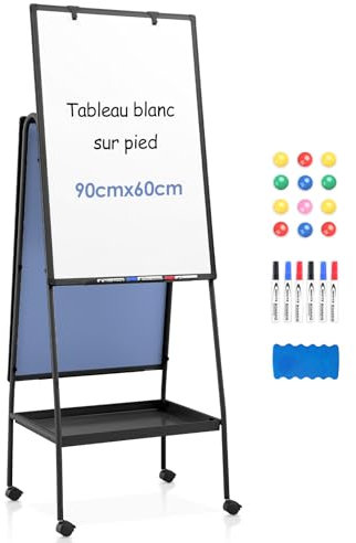 Swansea Tableau Blanc Effaçable sur Pied, Tableau Blanc Mobile Double Face avec Plateau, Stabilité Renforcée, Hauteur Réglable, Parfait pour le Bureau, 90x60 cm