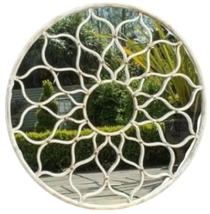 Elegant 60CM Framed Round Wall Mirror - Textured Cast Iron Frame with Mid-Century Modern Style, Ideal for Offices, Dressing Rooms, Guestrooms, or Garden Spaces (Grey Floral Mirror)