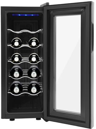 MACOJUCHI Nevera para Vino de 12 Botellas 33L con Pantalla LED y Panel Táctil, Temperatura Ajustable, 5 Rejillas, Negro