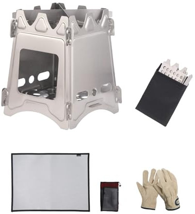 Kit de estufa de mochilero, estufa de leña de acero inoxidable con alfombrilla de aislamiento térmico y guantes ignífugos, equipo de cocina portátil ligero para acampar al aire libre, supervivencia