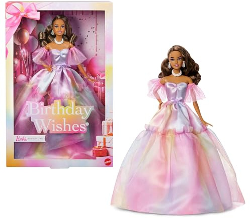 Barbie Signature Birthday Wishes Fashion Doll with Brown Hair in Dress with Pastel Rainbow Effect, Collectible Toy with Giftable Packaging
