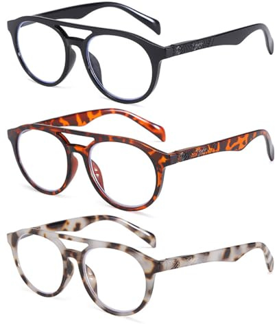 KOOSUFA Mode Rund Pilot Anti Blaulicht Lesebrille Groß Herren Damen Pilotenbrille Federscharnier Anti Müdigkeit Computer Lesebrillen Lesehilfe mit Stärke 3 Farben Set 2.5