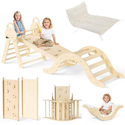 Giocattoli da arrampicata 7 in 1 per bambini,scale da arrampicata in legno,struttura da arrampicata pieghevole con scivolo,set da gioco da interno Montessori per bambini da1 a 3 anni (colore naturale)
