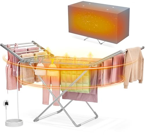 PurKeep Heated Clothes Airer with Cover - 18-Tube Electric Clothes Dryer, Foldable Heated Drying Rack for Indoor Use, Indoor Heated Drying Rack Suitable for Most Fabrics White