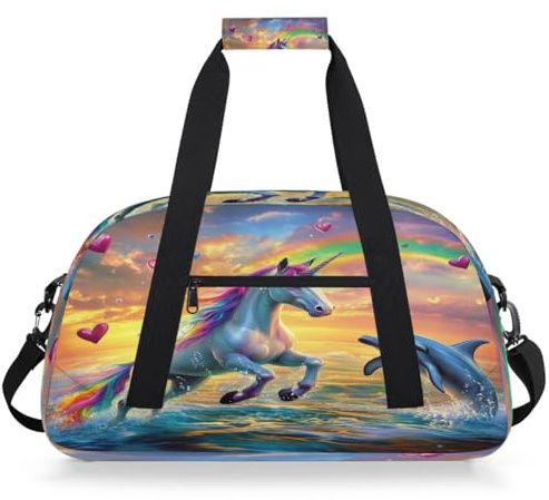Entemne Kinder-Reisetasche, Regenbogen, Likorne, Pferd, Delfin, springen, wasserabweisend, Turnbeutel, Sporttasche, leichte Reisetasche für Jungen und Mädchen, Handgepäck, Übernachtung