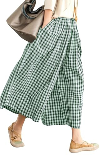Rapbin Damen Caprihosen Baumwolle Lockere Hose Kariert Streifen mit Taschen | Kariert Streifen,Sommer 2026 Frauen 3/4 Caprihose Lose Loungehose
