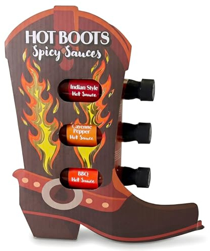 MIJOMA Hot Boots Spicy Sauces Geschenkset – 3x45ml Scharfe Saucen im Westernstiefel – BBQ, Indian Style & Cayenne – Originelles Männergeschenk & Grill-Highlight
