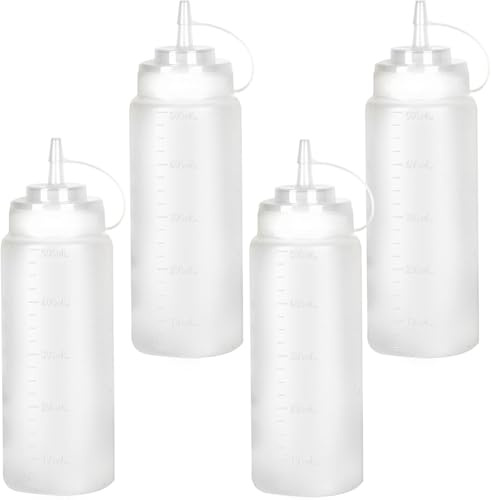 4 botellas squeeze 500 ml plástico alimentario con tapa | Dispensador de condimentos antigoteo para salsas, aceite y kétchup. Ideal para cocina, barbacoa y restaurante. Reutilizable