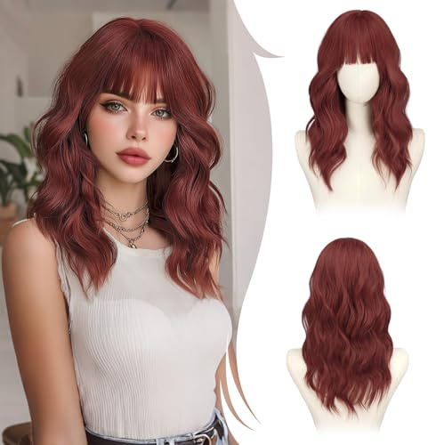 RUWISS Kupfer Rot Lange Gewellte Perücke mit Pony für Damen, 20 Zoll Layered Perücke Damen, Natürlich Synthetisch Hitzebeständig Wigs für Alltag Party Cosplay Halloween