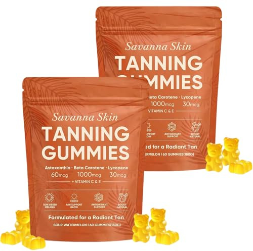Savanna Skin Tanning Gummies, Best Tanning Gummies Fast Tan Without Sun, with Vitamin C & E, Beta Carotene, Get a Natural, Goldenglow from Within (Sour Watermelon 60 Pills)