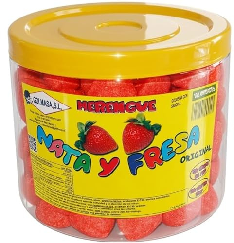 Golmasa Merenguitos 100 Unidades en Bote – Sabores Yogur Fresa, Nata Fresa, Nata Blue Cola y Sandía, Chuches de Merengue sin Gluten y sin Grasa