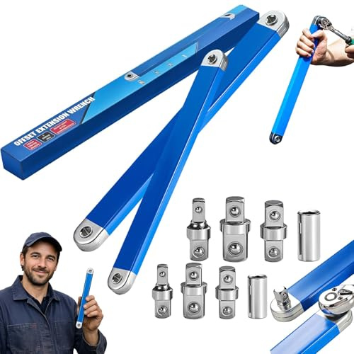 Anglefix Pro Outil, Anglefix Pro - Clé D'Extension DéCaléE Avec Cliquet ZéRo Degré, Avec Adaptateurs 1/2, 1/4, 3/8,IdéAl Pour Les Espaces Restreints, La RéParation Automobile (Longue + Courte)
