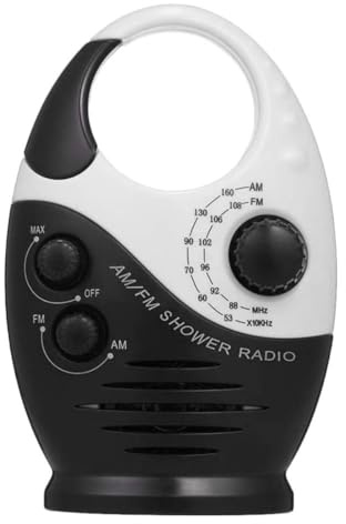 Duschradio Batteriebetrieben aus Kunststoff, mit Am/fm | Klarer Klang, Tragbar mit Hakengriff, für Dusche, Garage und Nachttisch, Kompaktes Gerät