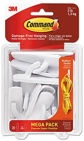 General Purpose Hooks, 3lb Capacity, Plastic, White, 20 Hooks, 24 Strips/pack