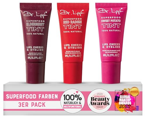 Superfood Lip Tint Pack 3 x 8ml – Bálsamo labial con color 4 en 1 ultra hidratante: gloss, colorete, sombra de ojos – Lanolina 100% natural, sin perfume, fórmula multifunción ecológica y premiada
