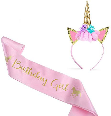 Deolven - Accessoires de fête d'anniversaire Licorne: Headband et Ceinture pour Filles - Rose - One Size (Fits most children)