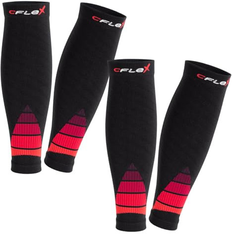 CFLEX Herren & Damen Sport Kompressions Stulpe (2 Paar) Wadenbandage - Schwarz-Rot L-XL
