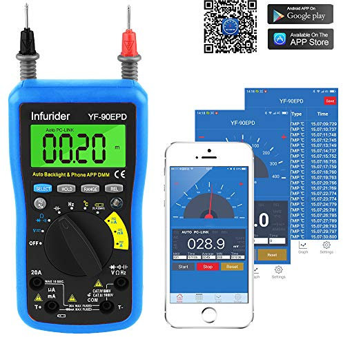 Multimetro Digitale Bluetooth, INFURIDER YF-90EPD Ohm Meter 4000 Conti Autorange Tester Multimetro per AC DC Volt, Amp, Ohm, Cap, Temp, Battery Test con Display LCD