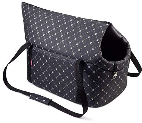 Hundetasche - Schwarz/Muster: Pfoten, L bis 15 kg - Tragetasche für kleinen und mittleren Hund, Welpen, Katze