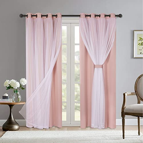 Bonzer Mix and Match Verdunkelungsvorhänge mit Ösen, doppellagige Vorhänge mit weißem durchsichtigem Voile, für Wohnzimmer, Blush, 132 x 213 cm, 2 Paneele