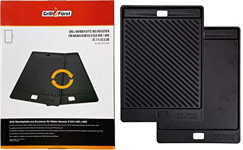 Grillfürst Universal Gusseisenplatte Grill 48 x 33,5 cm - Massive Gusseisen Grillplatte mit großen Griffen, Gussplatte beidseitig verwendbar, geeignet für die Weber Genesis II 400/600 Serie