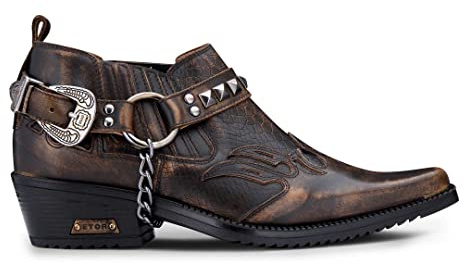 Mens Real Leather Cowboy Shoes Wincklepickers Heel Metal Belt Western Pattern
