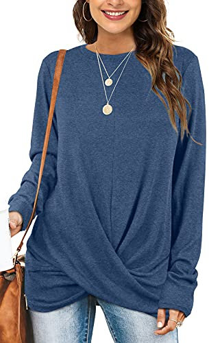 Aokosor Womens Long Sleeve Tops Ladies Loose Fit Jumpers Twist Front Sweatshirt Blue Size 14-16
