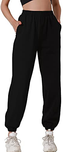 HAPYWER Jogginghose Damen Baumwolle Lang Freizeithosen High Waist Lässige Loose Sweathose mit Taschen Trainingshose Oversize Sporthose Zweifarbig Sommerhose Casual Mode(Schwarz,S)