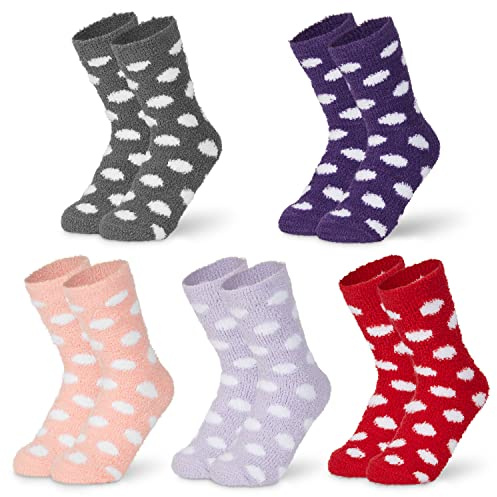 CityComfort Womens Fluffy Calf Length Socks, Cosy Soft Loungewear Pack of 5 or 6 - Womens Gifts (Multi Polka Dots)