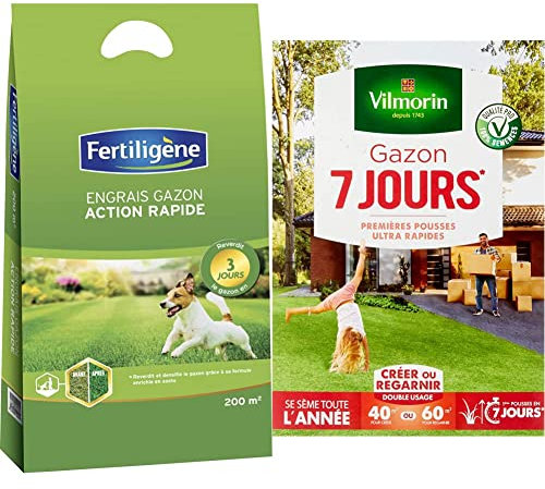 Fertiligene Engrais Gazon Action Rapide 3 Jours, 7kg, 200m² & Vilmorin 4460714 Gazon 7 Jours, Vert, 1 kg