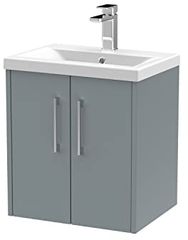 Hudson Reed JNU2321A Juno Modern Bathroom Wall Hung 2-Door Vanity with Mid-Edge Ceramic Basin, 500mm, Matt Coastal Grey