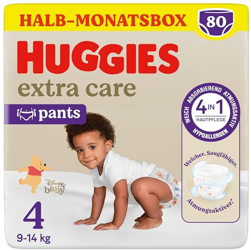 Huggies Extra Care - Pañales talla 4 (9-14 kg), braguitas transpirables, paquete Mega, 80 unidades