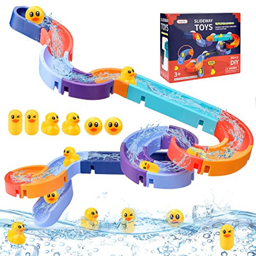 Vibbang 34 Pièces Jouets de Bain, Jouet Bain Jeux de Bain, DIY Adorable Jouet de Toboggan de Canard, Jouets de Bain Pistes d'eau pour Enfants, Jouet de Douche avec Ventouses pour Enfant 3 4 5 Ans