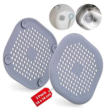 Universal Abflusssieb, 2 Stück, in Grau, aus TPR, Ø 14 x 14 cm, mit 4 Saugnäpfen für festen Halt, für Abflüsse bis Ø 10 cm, Ablaufsieb Spüle, Waschbecken, Badewanne, Dusche, Haarfilter Sieb Ablauf