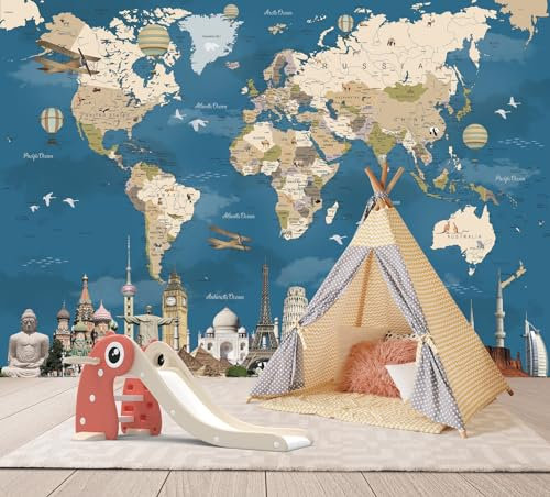 MWSSEGGE 3D Papier Peint Panoramique Tapisserie Intissé Murales, À La Main Monde Carte Animale Papier Peint Enfant pour Salon Chambre Décoration Murale, Papier Peint Chambre Enfant (250x175 cm,C)