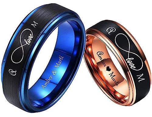 BSLONG Personalized Matching Promise Rings for Couples Infinity Best Friends Ring Wedding Ring Sets for Him and Her Blue Custom Engraved Couples Wedding Band (Blue+Rose gold)