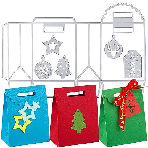 BETESSIN Stanzschablone Weihnachten Box Schachteln Stanzform Geschenktüte mit Griff Süßigkeiten Candy Boxen Tasche Christmas Cutting Dies mit Etiketten DIY Adventskalender Tüten Geschenktasche 10cm