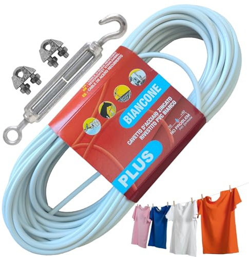 parpyon® Filo per stendere il bucato da esterno 10MT x d.4,5mm PLUS Resistente filo stendibiancheria per esterno Made in Italy Cavetto in Acciaio rivestito (Filo Plus + Kit, 10MT)