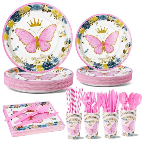 Nkaiso Vaisselle Anniversaire Papillon, 192 Pcs Vaisselle de Fête Kit Vaisselles Anniversaire Fille Assiettes Carton Gobelet Serviettes Réutilisable couverts, Fournitures de Fête - 24 invités