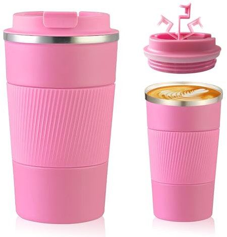 Senshuomy Travel Mug, Insulated Coffee Cup with Leakproof Lid, Reusable Coffee Cups Travel Cup, Stainless Steel thermaol Mug for Hot Cold Drinks (Pink 380ml)