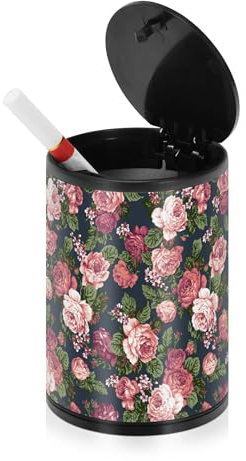 Cendrier vintage en forme de roses sur fond bleu marine pour cigarettes d'intérieur avec couvercle en acier inoxydable portable coupe-vent avec couvercle pour bateau, terrasse, voiture