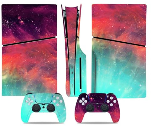 PS5 Slim Disc Version Skin für Konsole und Controller, Vinyl Aufkleber Playstation 5 Slim Skins Wrap Decal Cover Schutzzubehör für PS5 Slim Disc Edition (Pink Green Nebula)