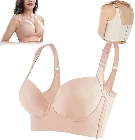 FITPOST Lets Girl Women Deep Cup Bra Full Back, Nakans Back Smoothing Push up Bra, Plus Size Hide Back Fat Full Coverage Bra (Skin,50F)
