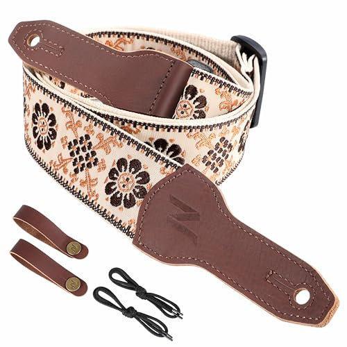 Nefelibata Banjo-Gurt, 2 breit, Vollnarbenleder Jacquard bestickt, verstellbarer Ersatz, Gitarrengurt mit Kopfplatten-Seil und Leder-Stirnband (hellgelbe Blumenstickerei)