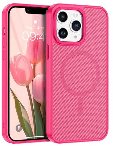 DOMAVER Case for iPhone 13 Pro Max,Magnetic [Compatible with Mag Safe] Carbon Fiber Metal Lens Frame+Buttons Support Wireless Charging Women Slim Shockproof Protective Phone Cover 6.7 Inch,Hot Pink