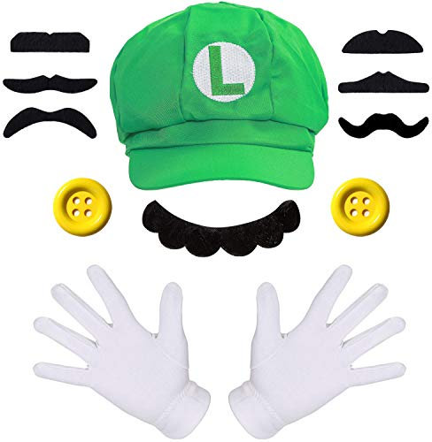 Humairc Super Bros Hüte Accessoires Set Mary Luigy Mützen Schnurrbärte Hosenträger Handschuhe Knöpfe Halloween Cosplay Kostüm, Grün, Large