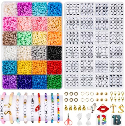 zenmag Perlenset für Armbänder, 24 Farbe 4mm Glas Saatperlen und 6mm Polymer Clay Bead mit 920 Buchstabenperlen für Armbänder, Verschiedene Anhänger, Freundschaftsarmbänder Selber Machen Set Geschenke