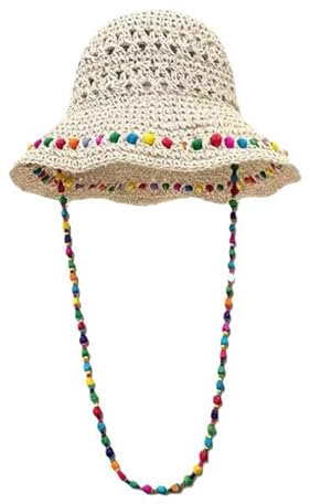 Meiliyizu Sombrero de paja colorido con cuentas, sombrero de paja con cuentas coloridas, sombrero plegable para mujer, sombrero de borde ancho para entusiastas de la pesca y la escalada de montaña