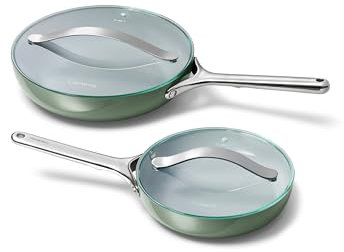 Caraway Ceramic Fry Pan Duo with Glass Lids - Non-Stick Frying Pans (10.5” & 8”) - Non Toxic, PTFE & PFOA Free - Oven Safe & Compatible with All Stovetops – Sage